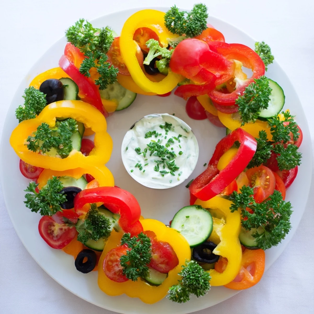 Vibrant Festive Bell Pepper Wreath appetizer, bursting with colorful veggie rings and creamy dip, ready to enjoy.