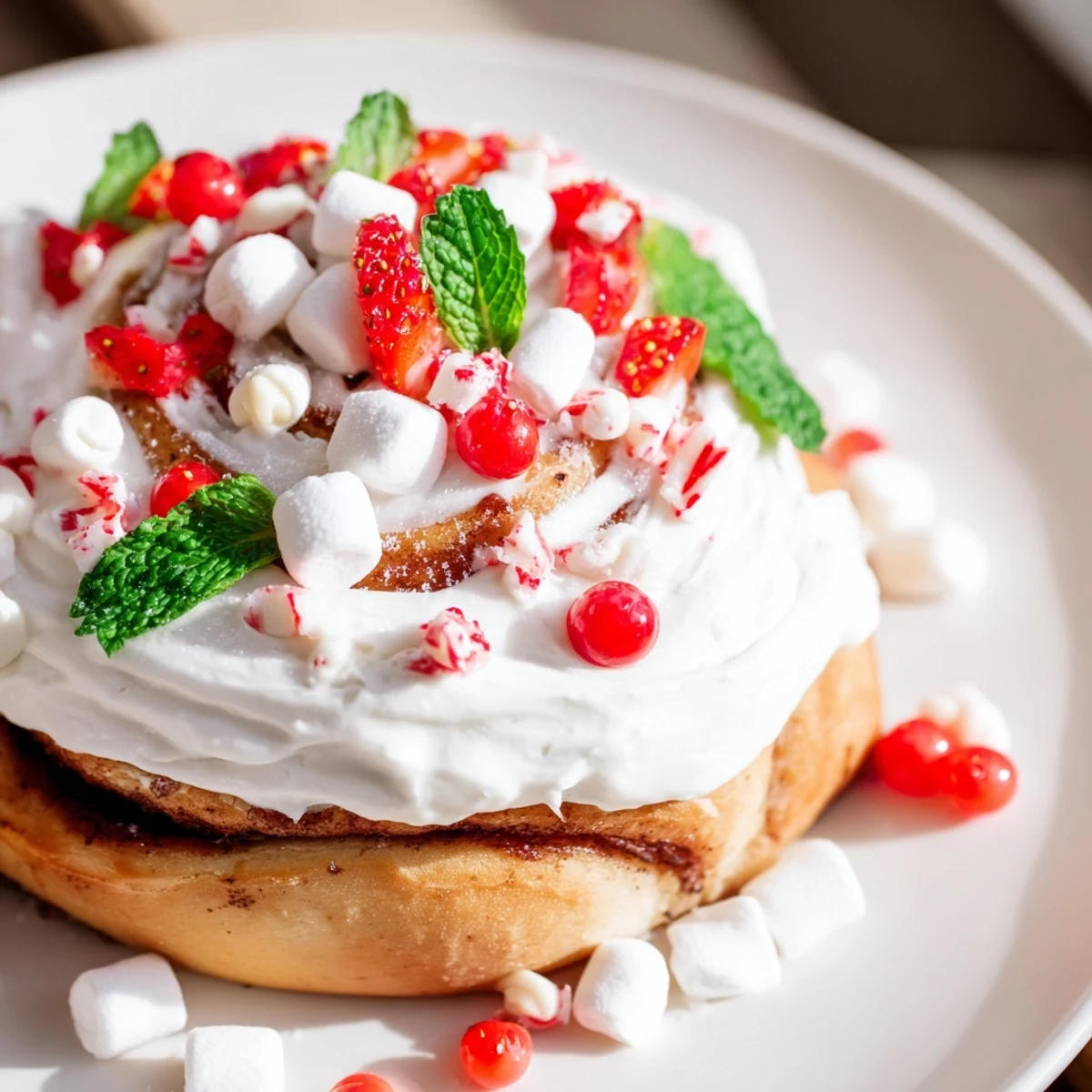 Festive North Pole Cinnamon Roll Board with frosted rolls, marshmallows, and mint for a delicious breakfast.