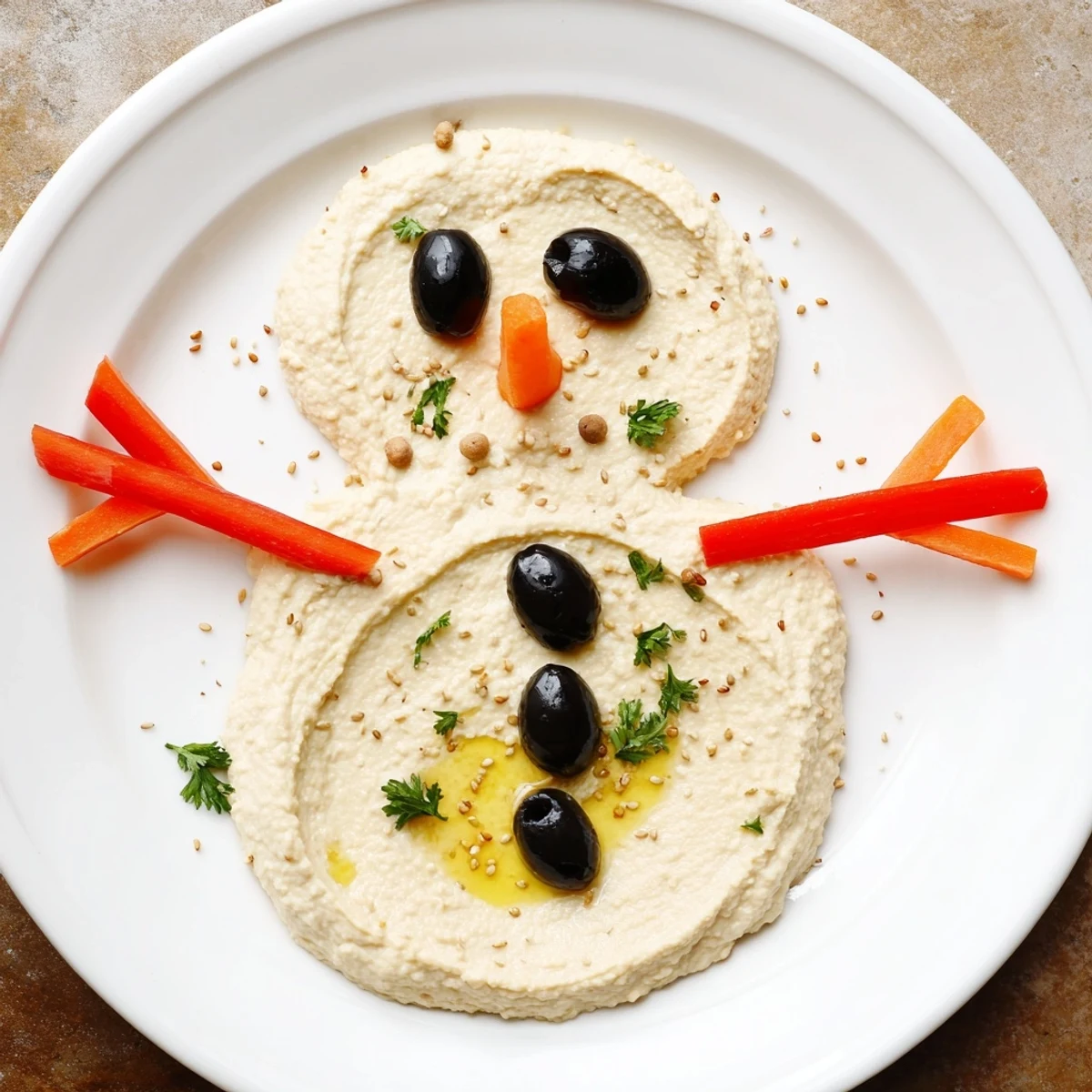 Delicious melted snowman hummus, a creative veggie dip with fresh, healthy dippers for all ages.