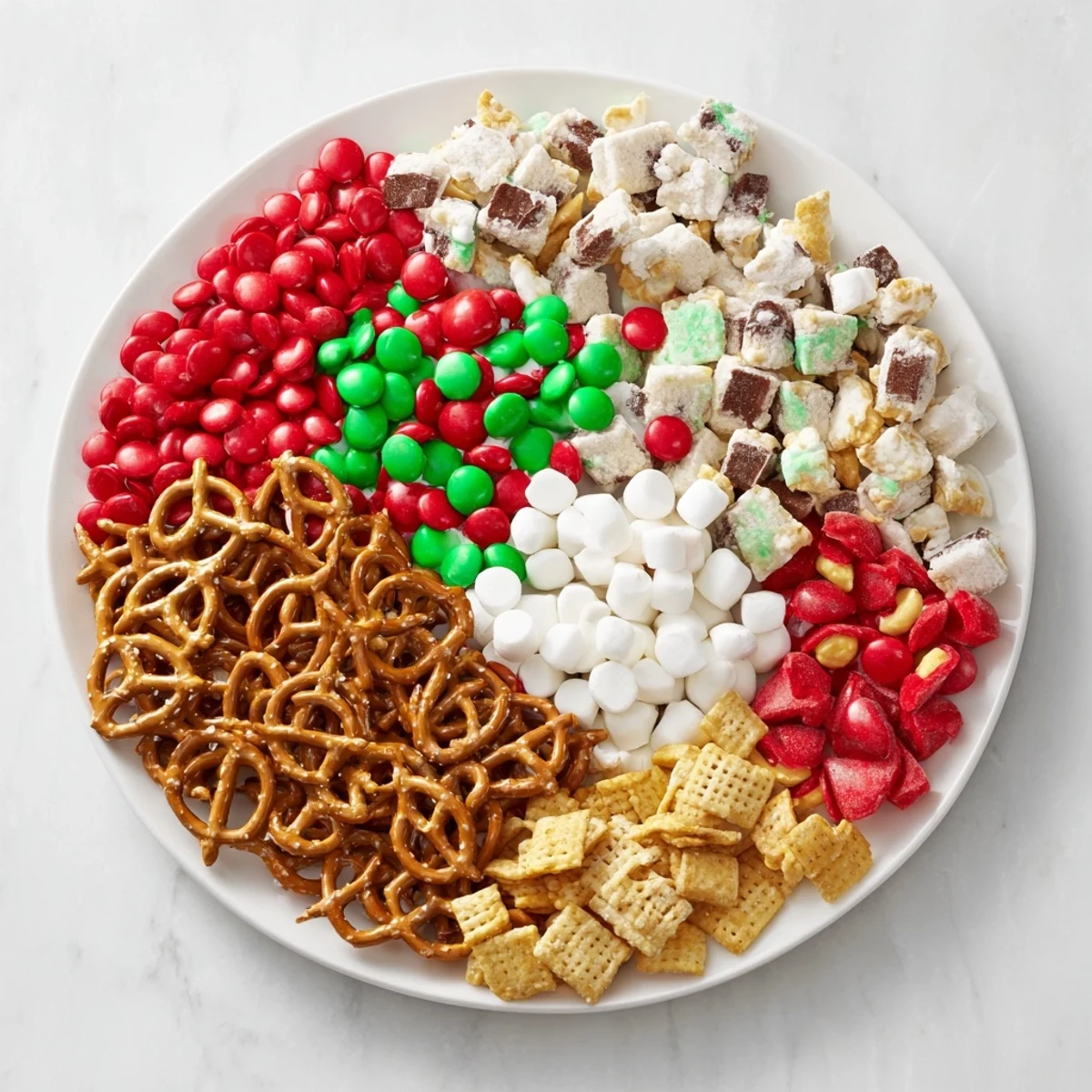 A vibrant Elf Snack Trail Mix Board overflowing with colorful candies and salty snack options.