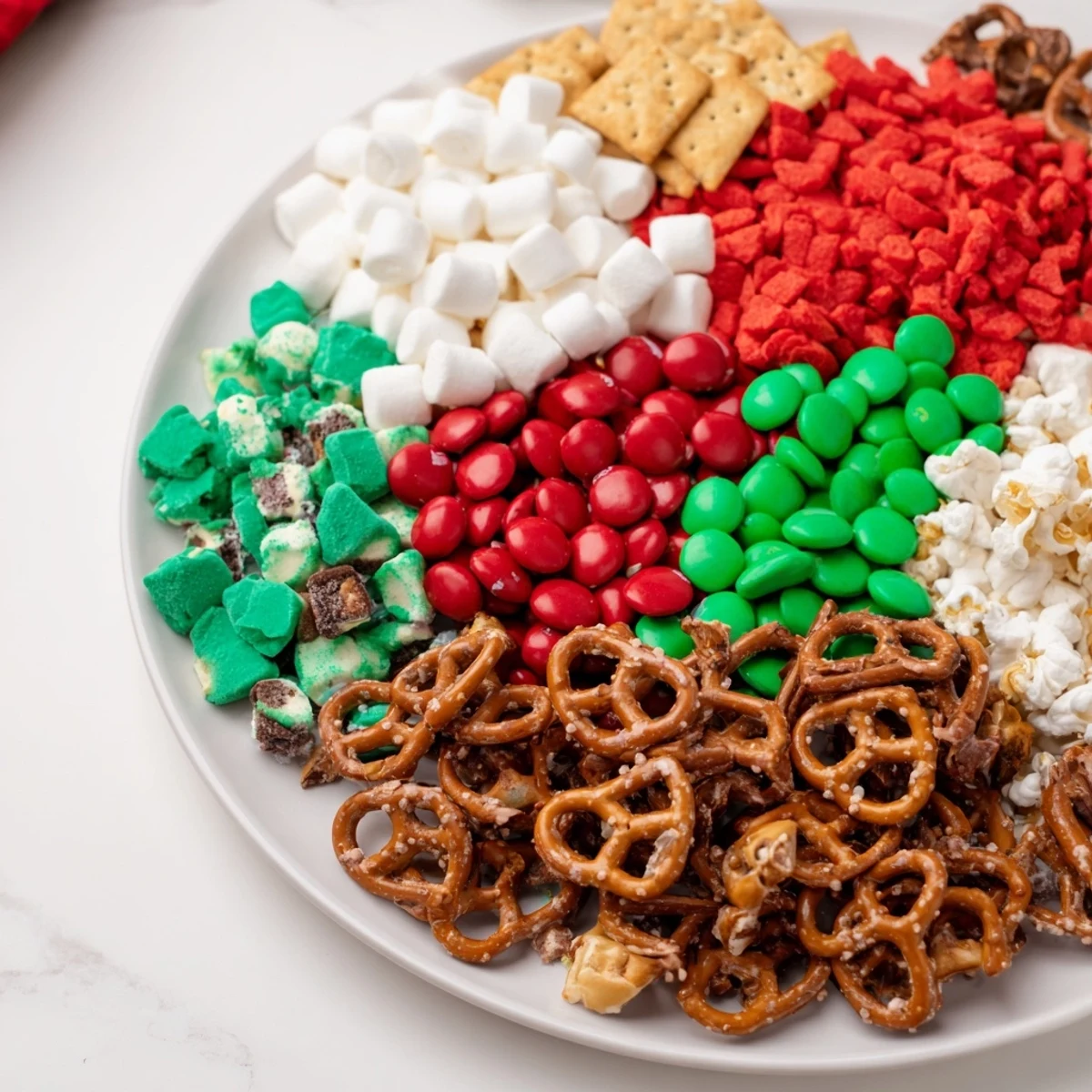 Enjoy this easy-to-assemble Elf Snack Trail Mix Board with sweet and savory items for your next party.