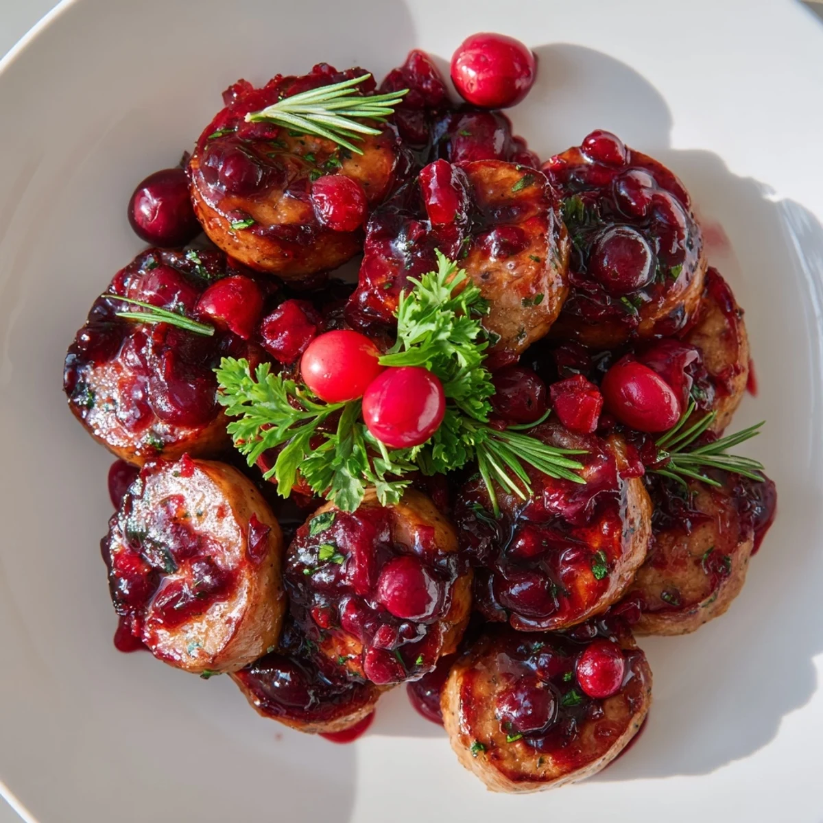 Golden brown Festive Holly Berry Sausage Bites topped with glistening cranberry sauce and fresh herbs.