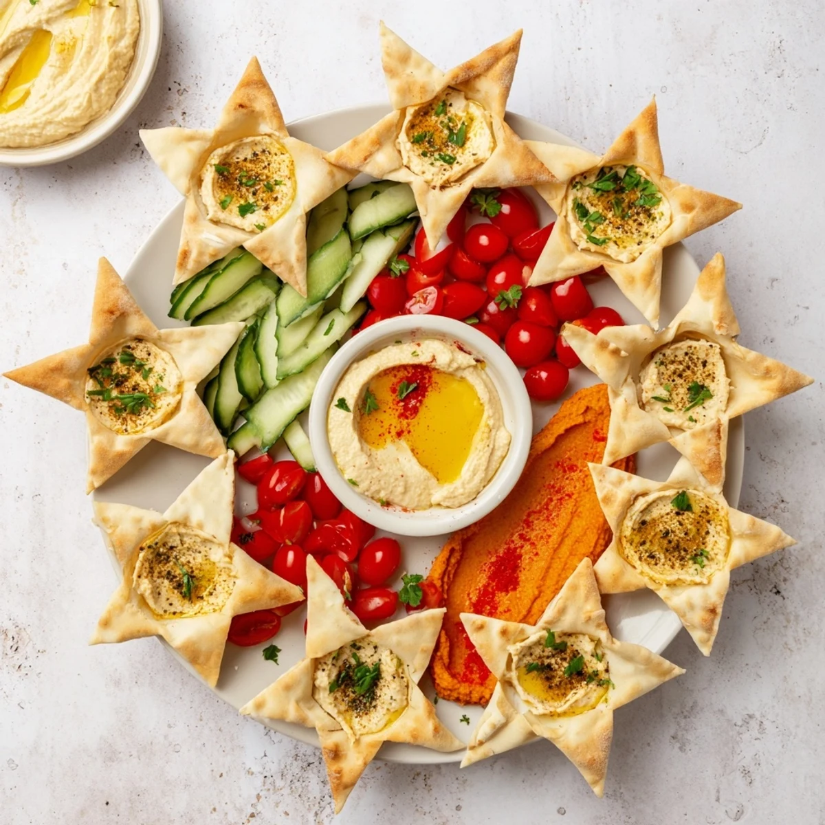 Crispy baked Three Kings Star Pita Board features star-shaped pita bread offering a delightful appetizer spread.