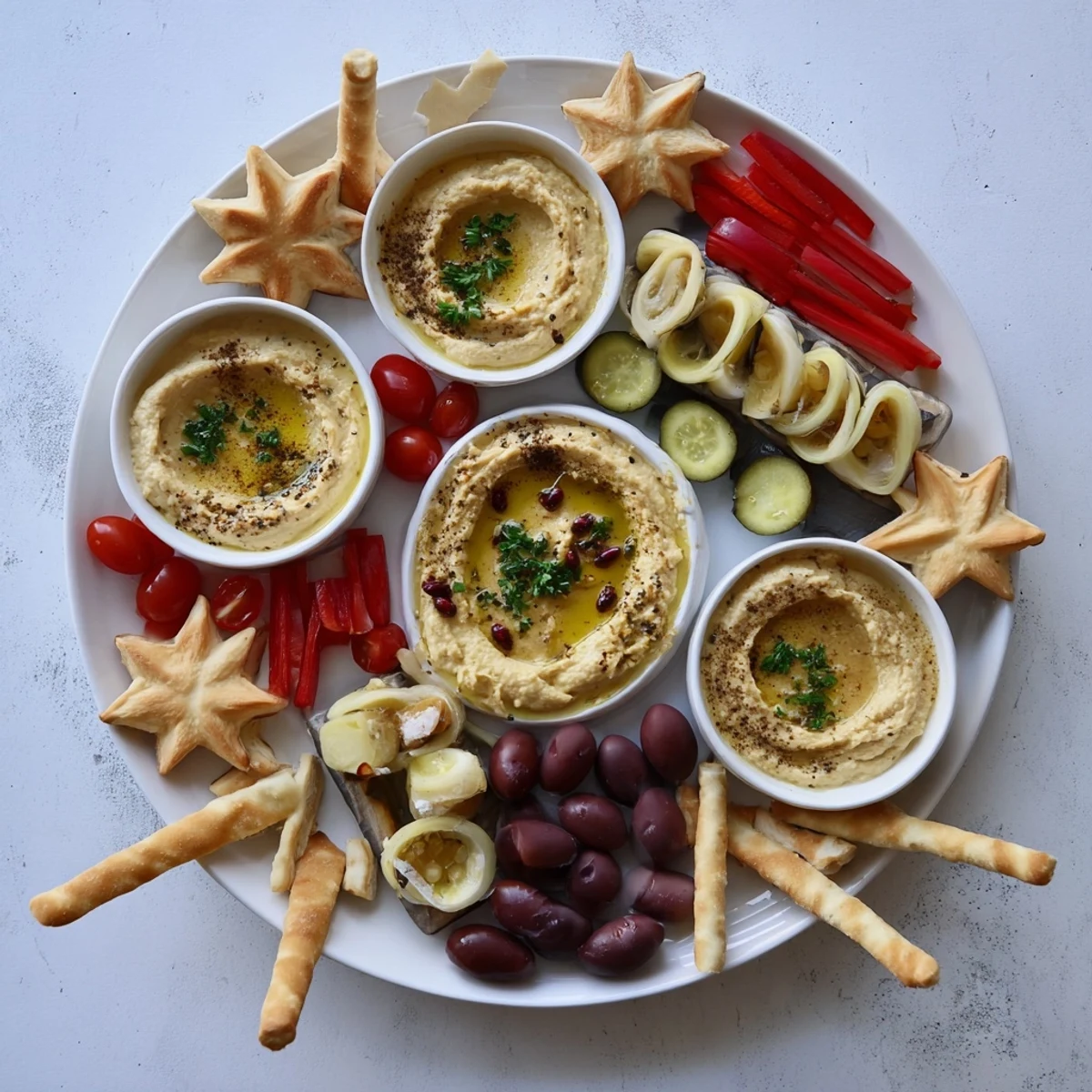 A colorful Three Kings Star Pita Board visually bursts with vibrant veggies, creamy dips, and perfectly toasted pita stars.