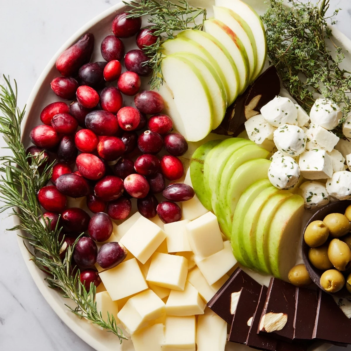 A beautifully arranged Cranberry Joy Tree Board shows fresh cranberries, rosemary, and assorted cheeses ready to enjoy.