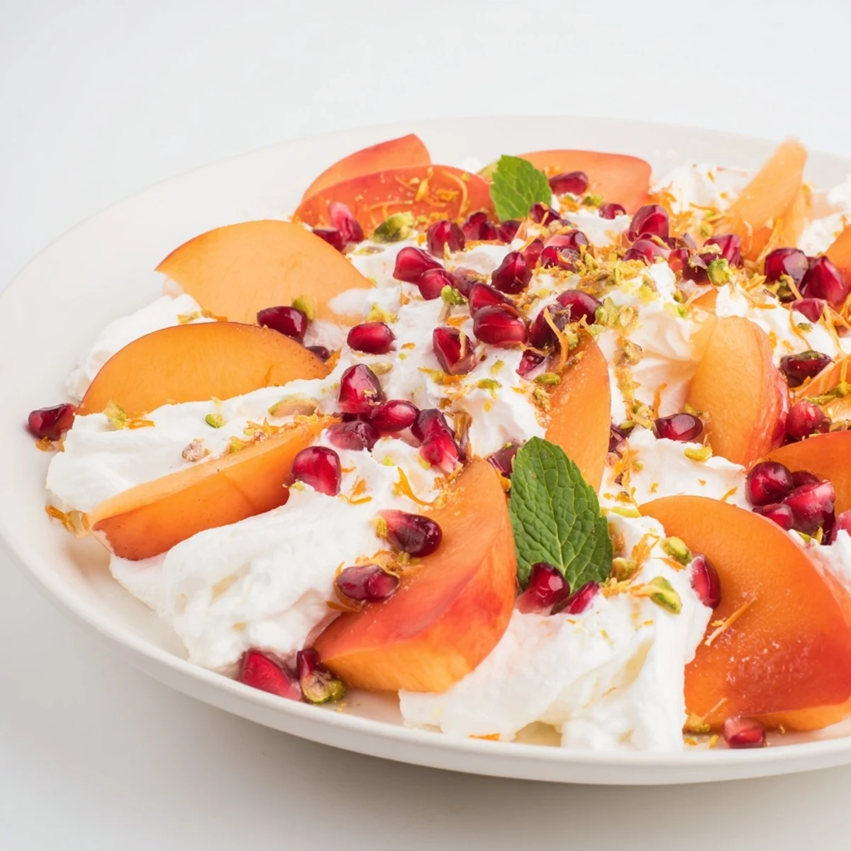 Luscious Winter Fruit Snowscape dessert features sweet persimmons, pears, and creamy mascarpone.