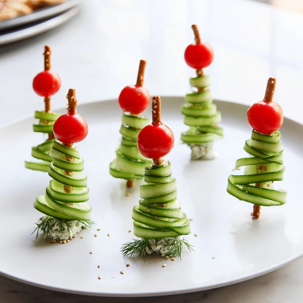Fresh spiral cucumber ribbon Christmas trees with creamy cheese and vibrant cherry tomato toppings offer holiday delight.
