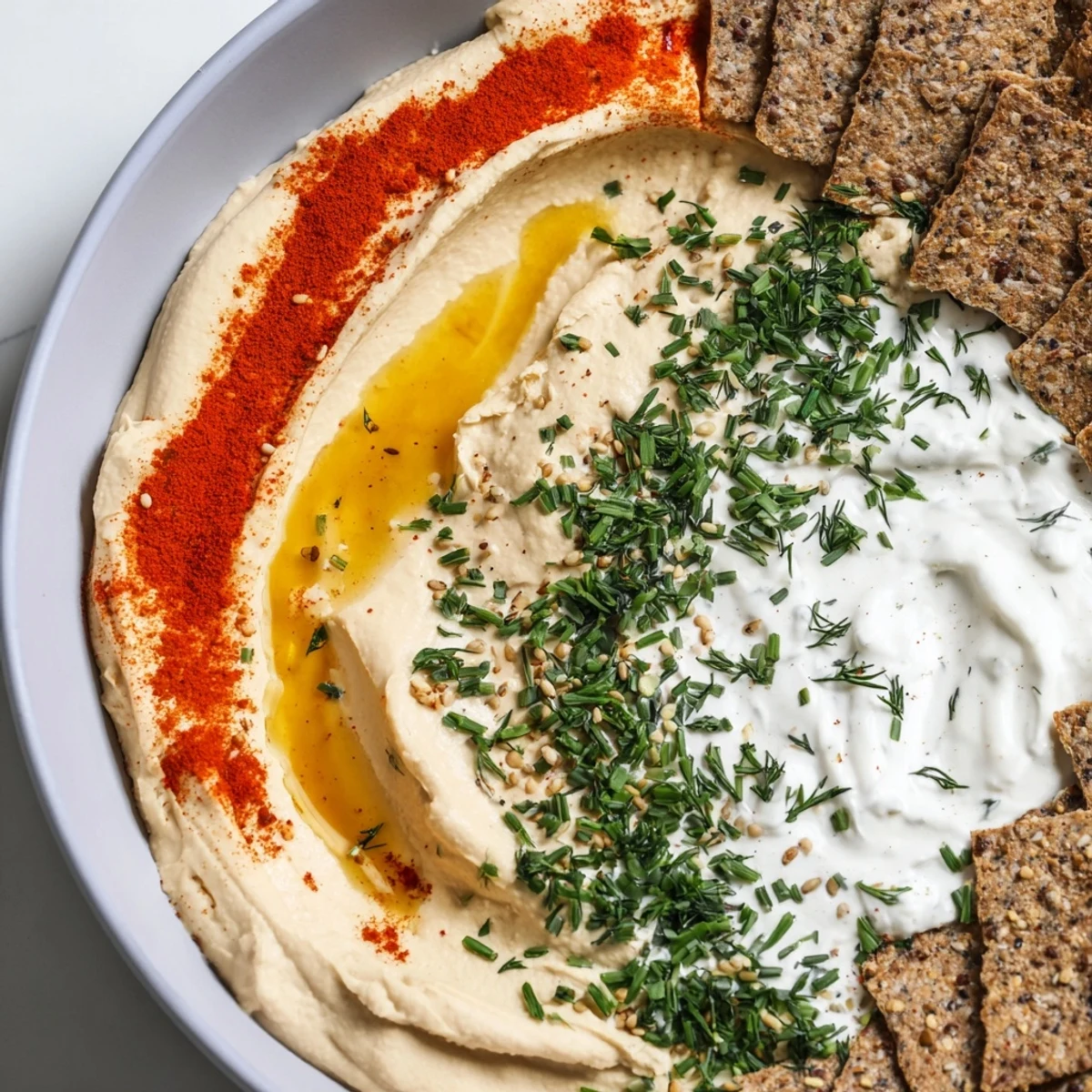 Two bowls of Easy Dips: a colorful hummus and creamy yogurt dip next to a cracker line.