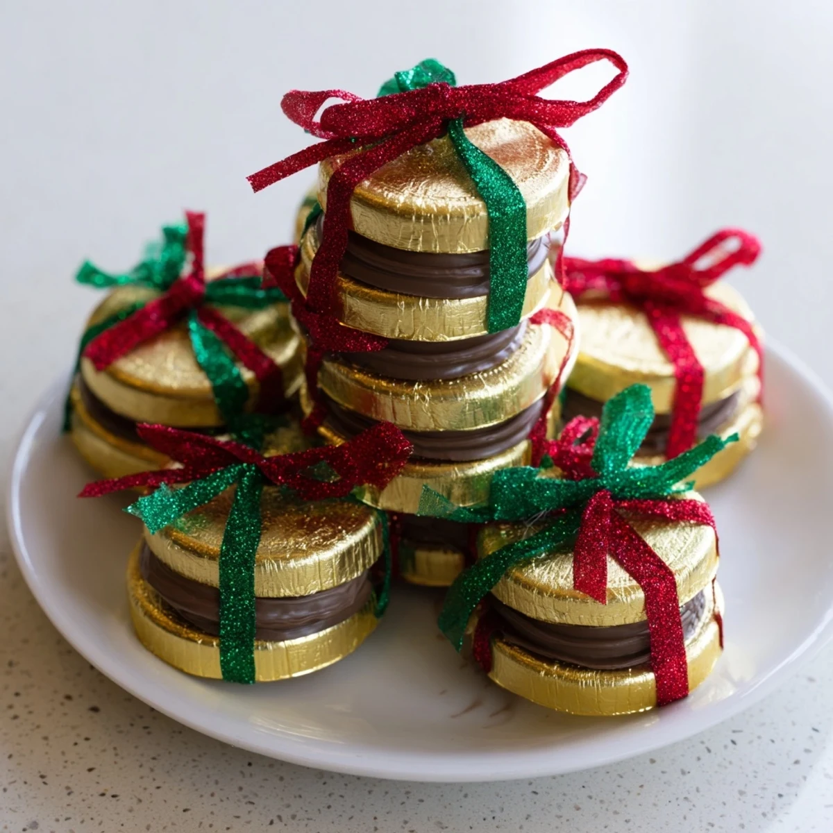 Delicious stacks of chocolate gold coins, tied with pretty ribbon, perfect for holiday table displays.