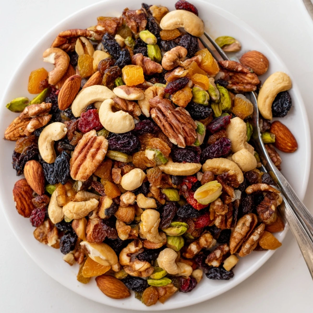 A bright photo showcases crunchy nuts and sweet dried fruit in a simple Easy Party: Assorted Nuts and Dried Fruit Pile.
