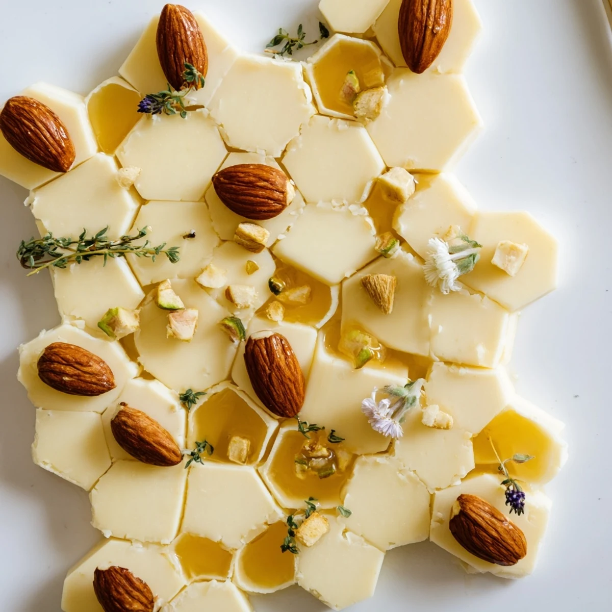 An elegant honeycomb hexagon maze, featuring assorted cheeses with a honey drizzle in a geometric design.