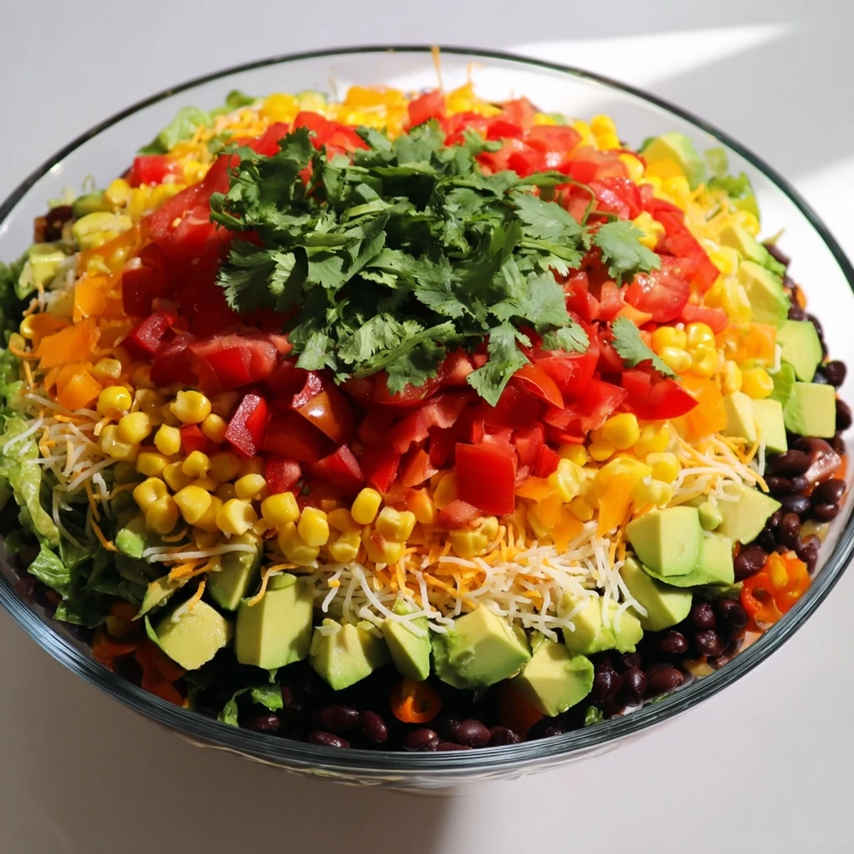Southwest Sunset Palette salad layered with colorful vegetables and spicy red chili cheese for vibrant flavors.