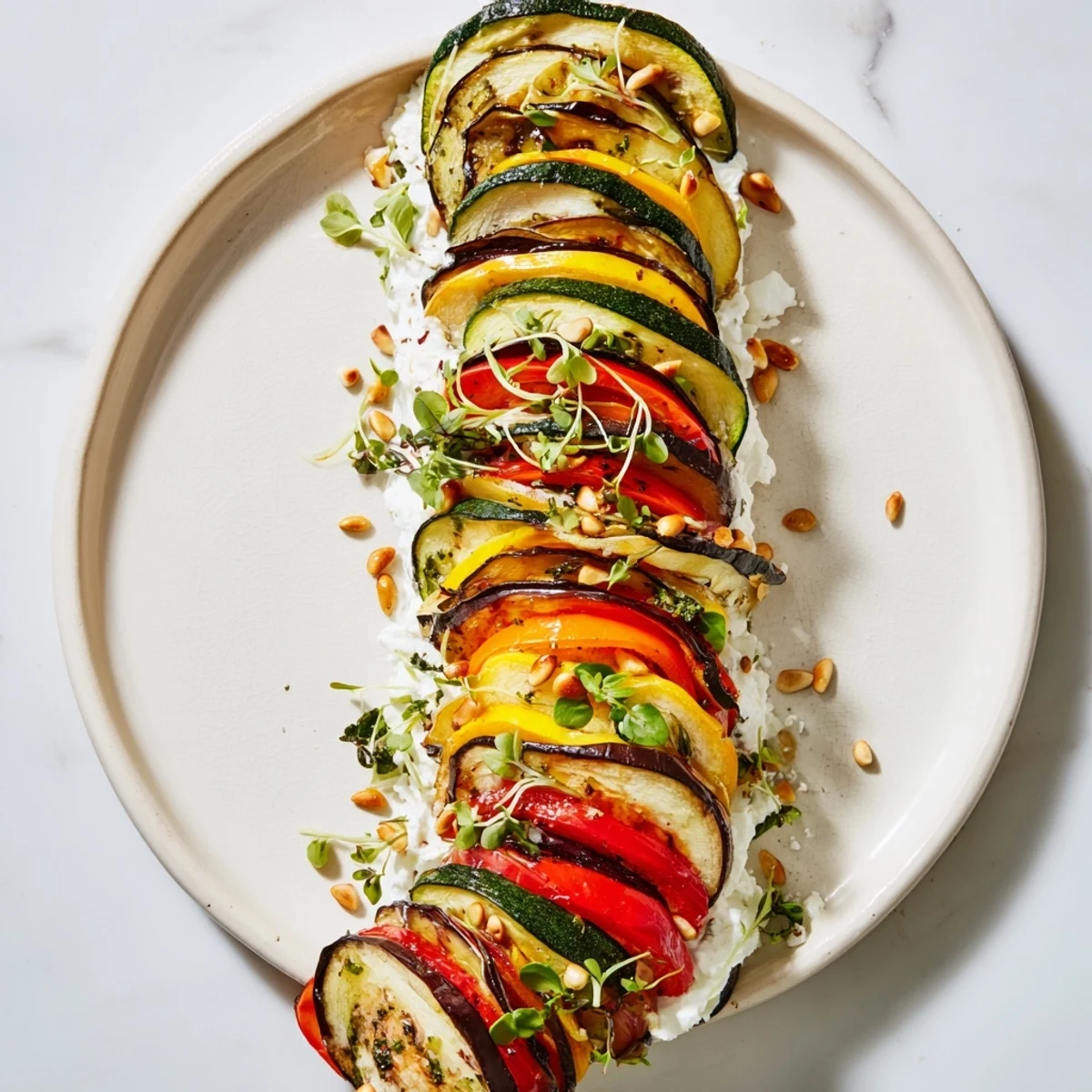 Beautifully arranged The Snail Shell Spiral, showcasing vibrant vegetable layers and crunchy pine nuts, ready to eat.