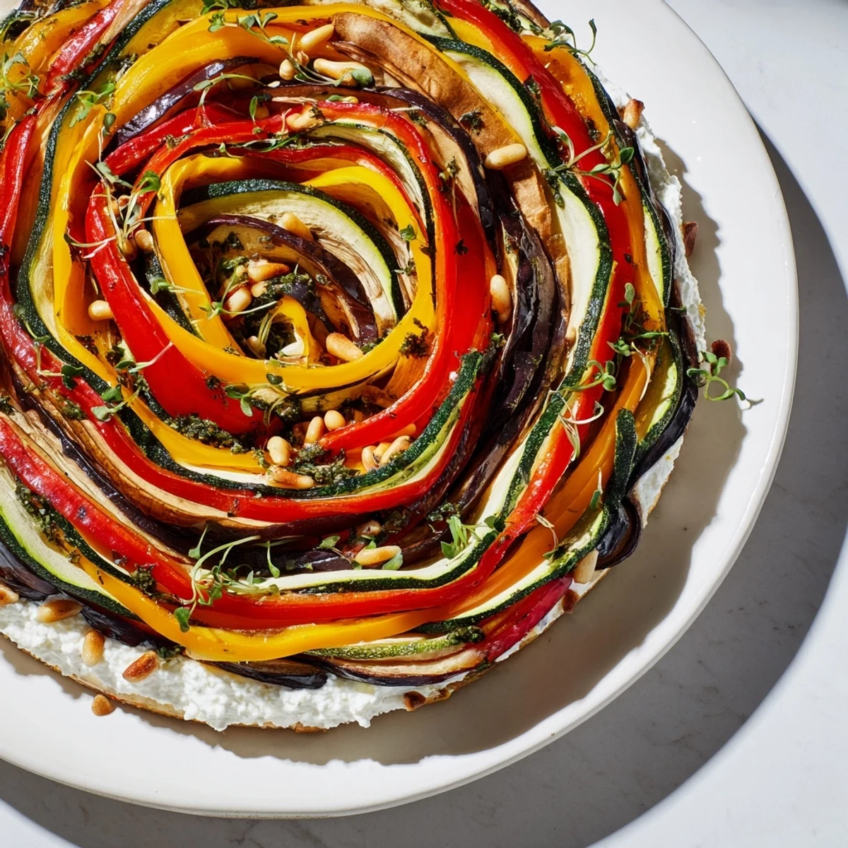 Close-up of The Snail Shell Spiral highlighting the artful vegetable spiral and fresh herb-infused goat cheese base.