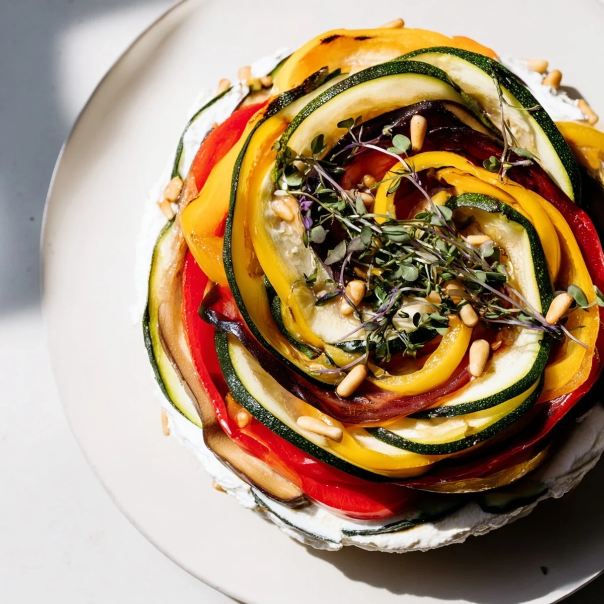 Elegant spiral of The Snail Shell Spiral appetizer, colorful roasted vegetables and creamy goat cheese.