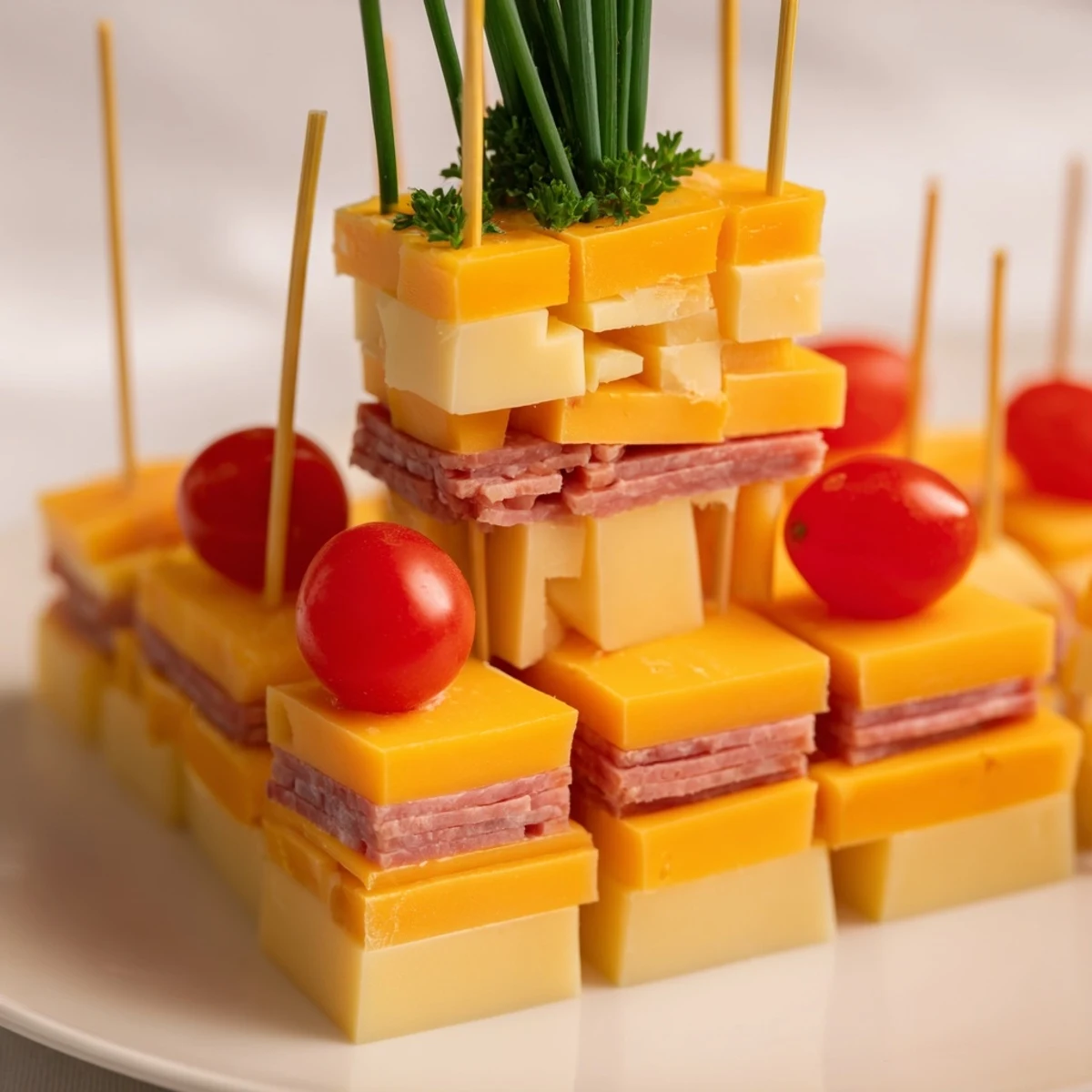 Vibrant Checkerboard Chalet appetizer, a party-ready arrangement of cheese, meats, and charming decorations.