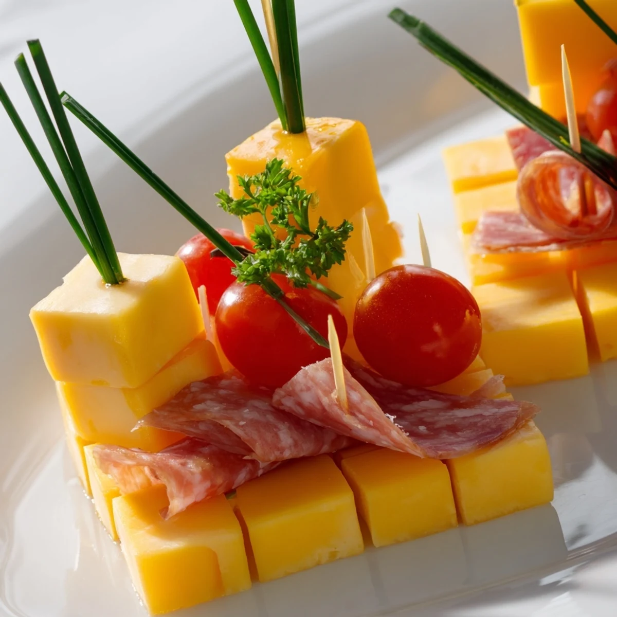 Close-up of the elegant Checkerboard Chalet appetizer offering a delightful mix of flavors and textures.