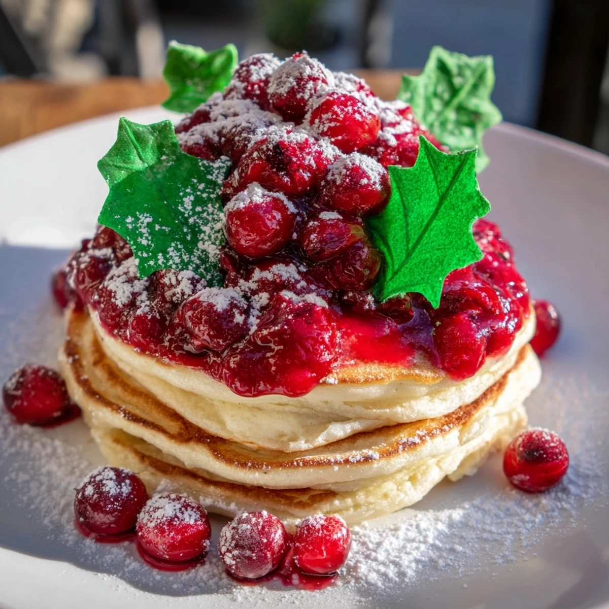 Fluffy Brunch Board pancake stack with vibrant berry holly topping, perfect for a festive brunch.