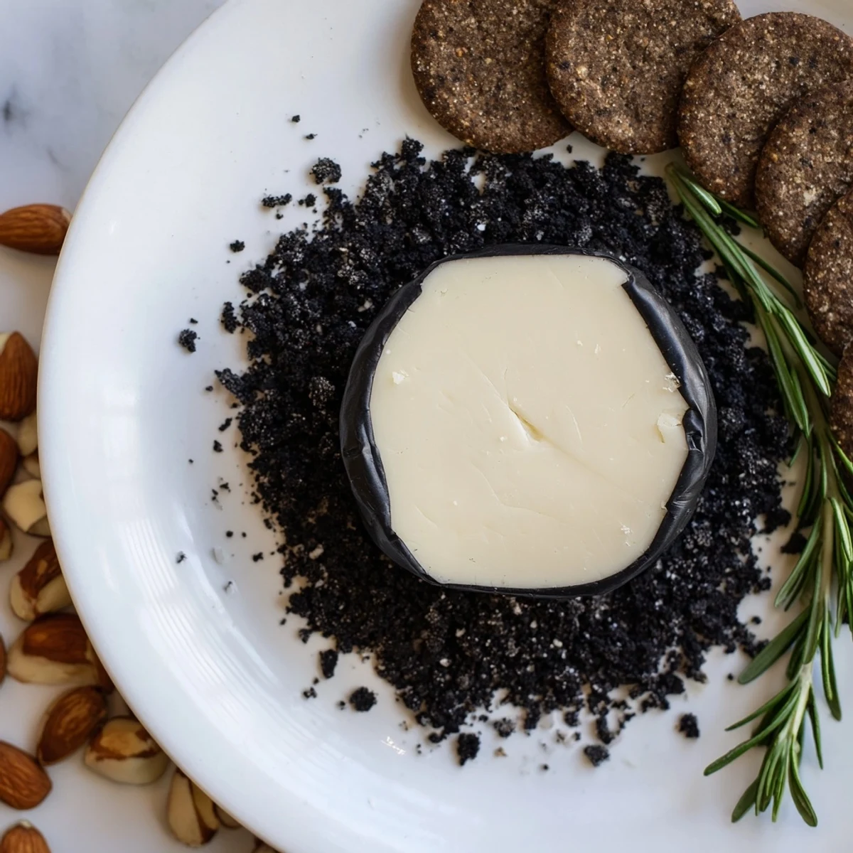 A visually stunning Obsidian Peak: sharp cheddar, rye crackers and charcoal almonds ready to serve.