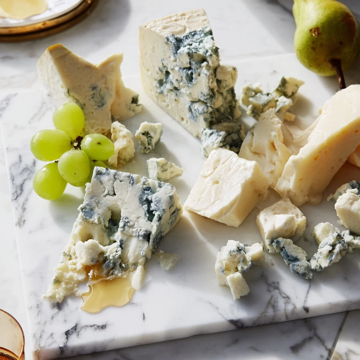 Artfully arranged Marble Quarry cheeseboard with blue cheese, white cheddar, and optional fruit.