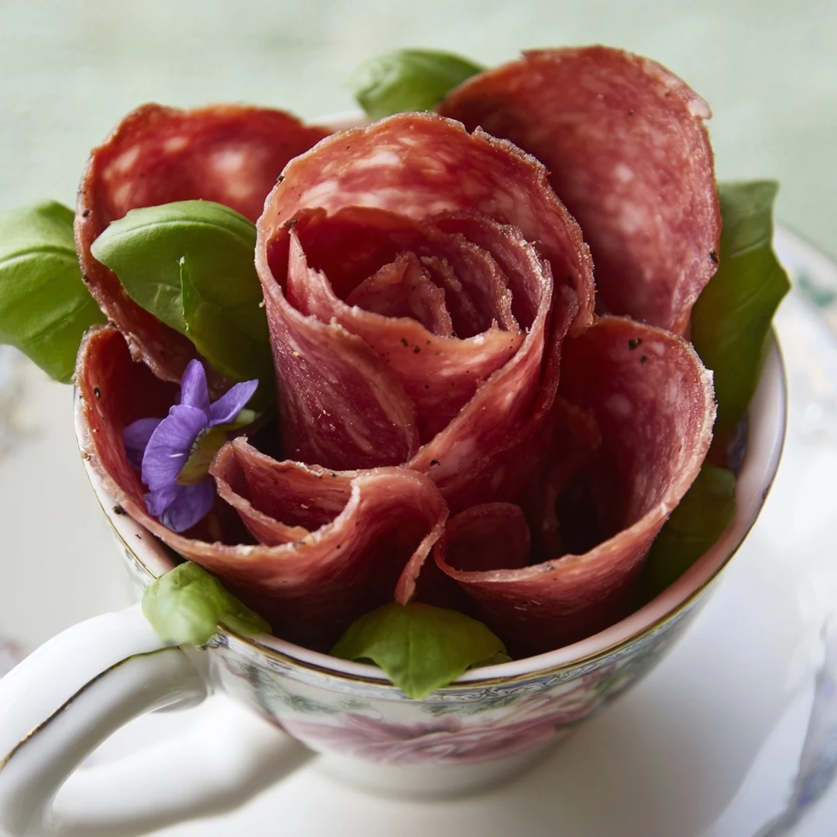 Visual, close-up of The Victorian Tea Rose appetizer roses nestled in teacups, ready to serve.