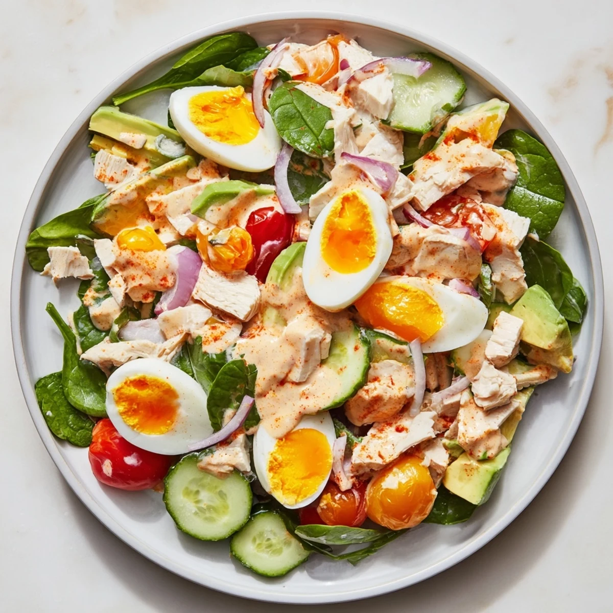 High-Protein Chicken and Egg Salad, a creamy, flavorful dish with fresh tomatoes and herbs.