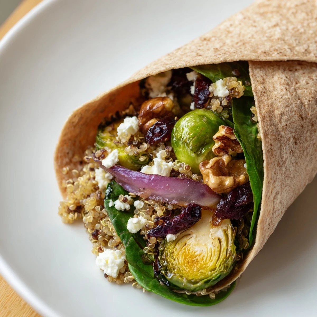 Crispy roasted Brussels sprouts alongside a hearty Roasted Brussels Sprouts & Cranberry Grain Wrap, perfect for lunch or dinner.