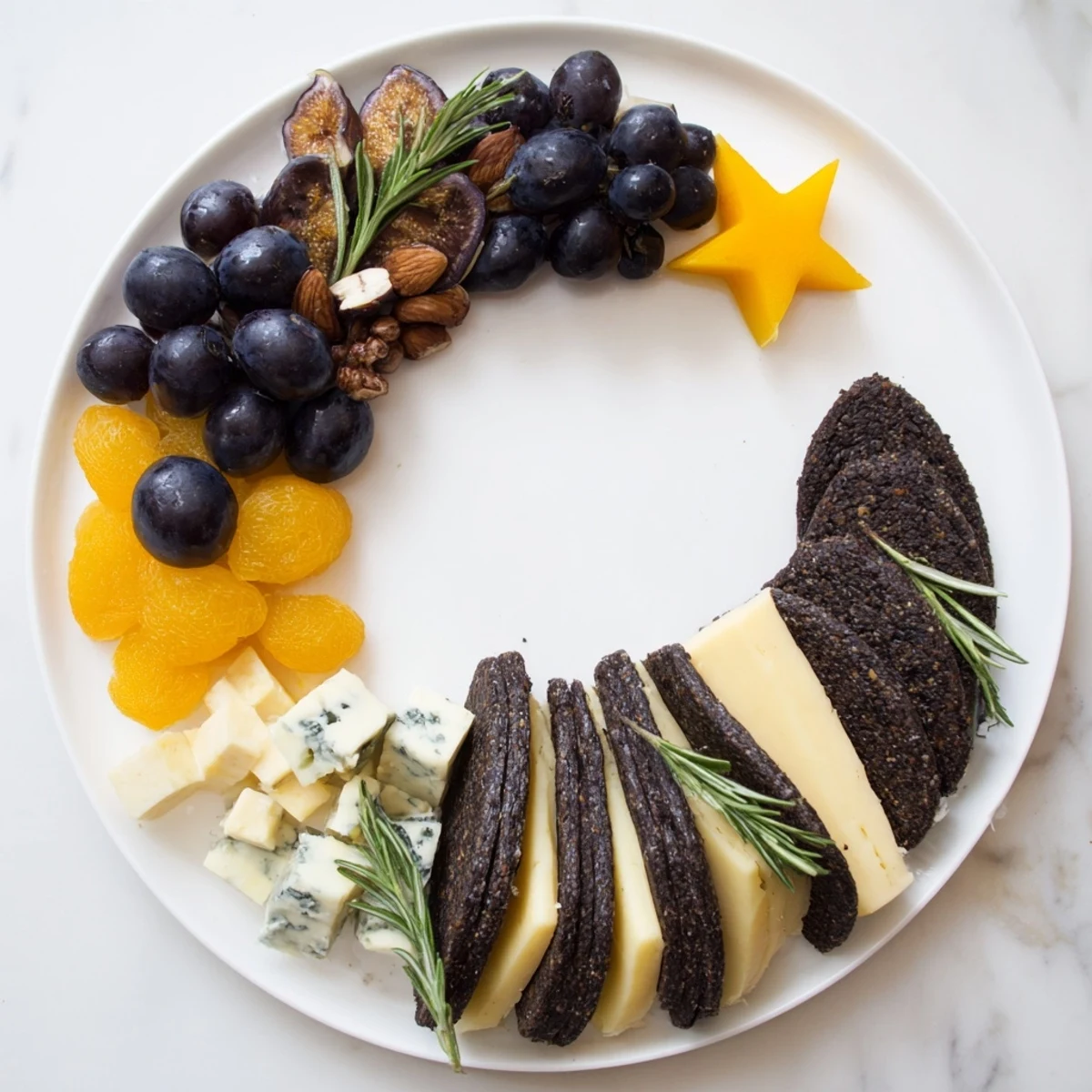 Crescent Moon & Stars Cheese Board: a beautiful arrangement of cheeses, crackers, and fruits for a party appetizer.