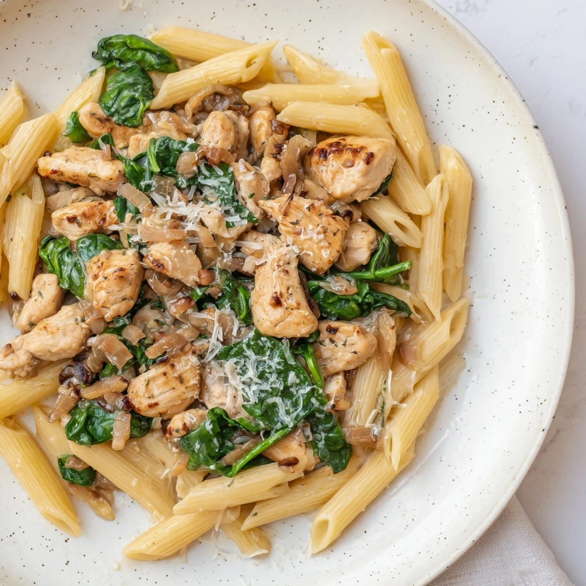 One-pot spinach and chicken pasta, a steaming bowl of pasta with vibrant green spinach, ready to eat.