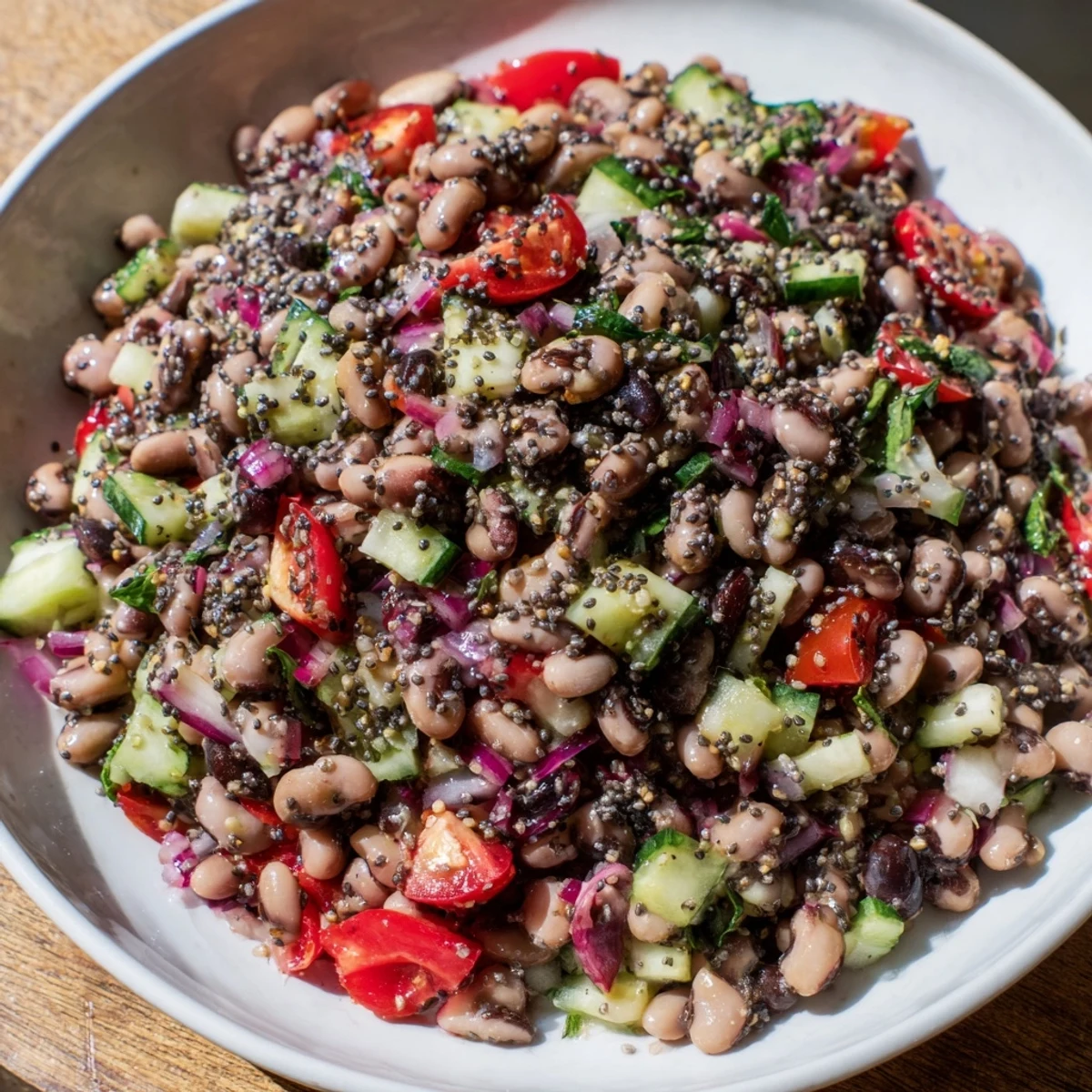 Close-up of a hearty Dense Bean Salad with colorful ingredients, ready to eat.