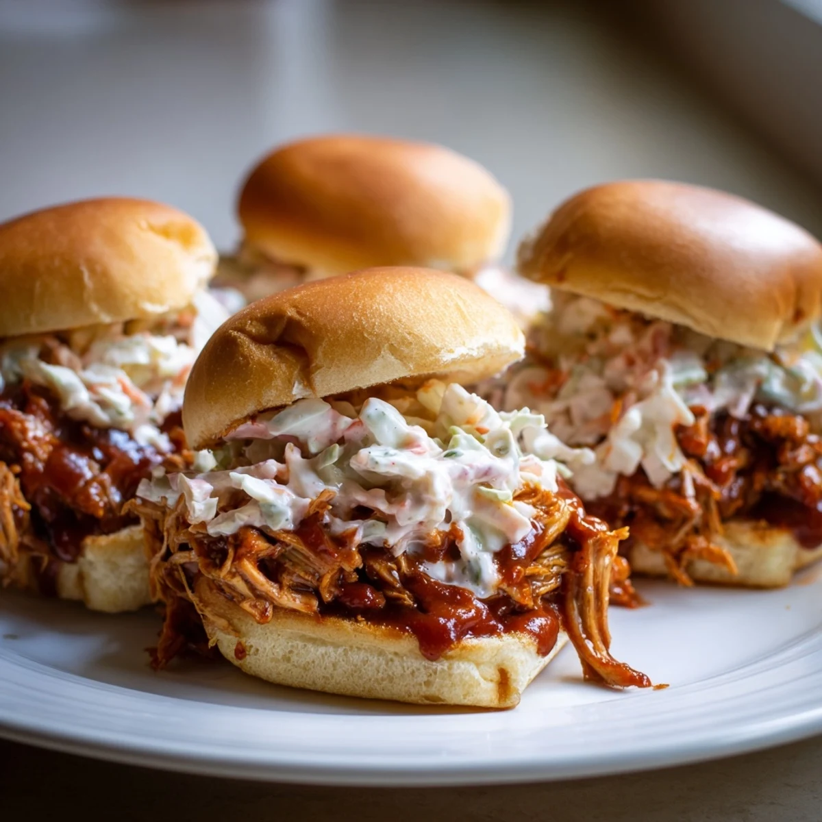 Golden slaw topping the savory BBQ jackfruit for a delicious vegan slider experience.