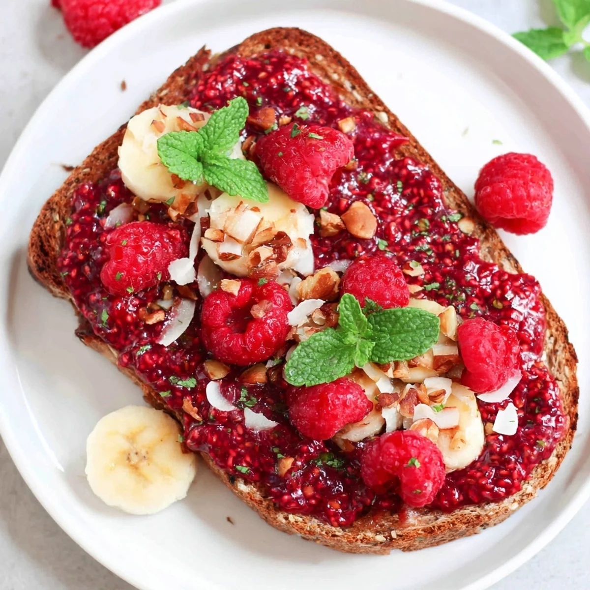 Freshly made raspberry chia jam topping whole grain toast; a naturally delicious vegan breakfast option.
