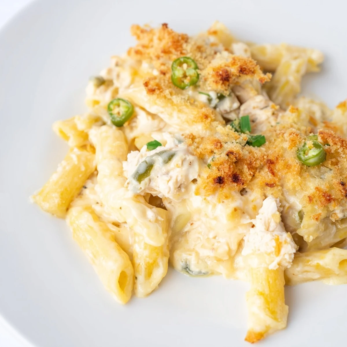 Creamy Jalapeño Popper Chicken Pasta, bubbling hot with a golden breadcrumb topping, is dinner ready.