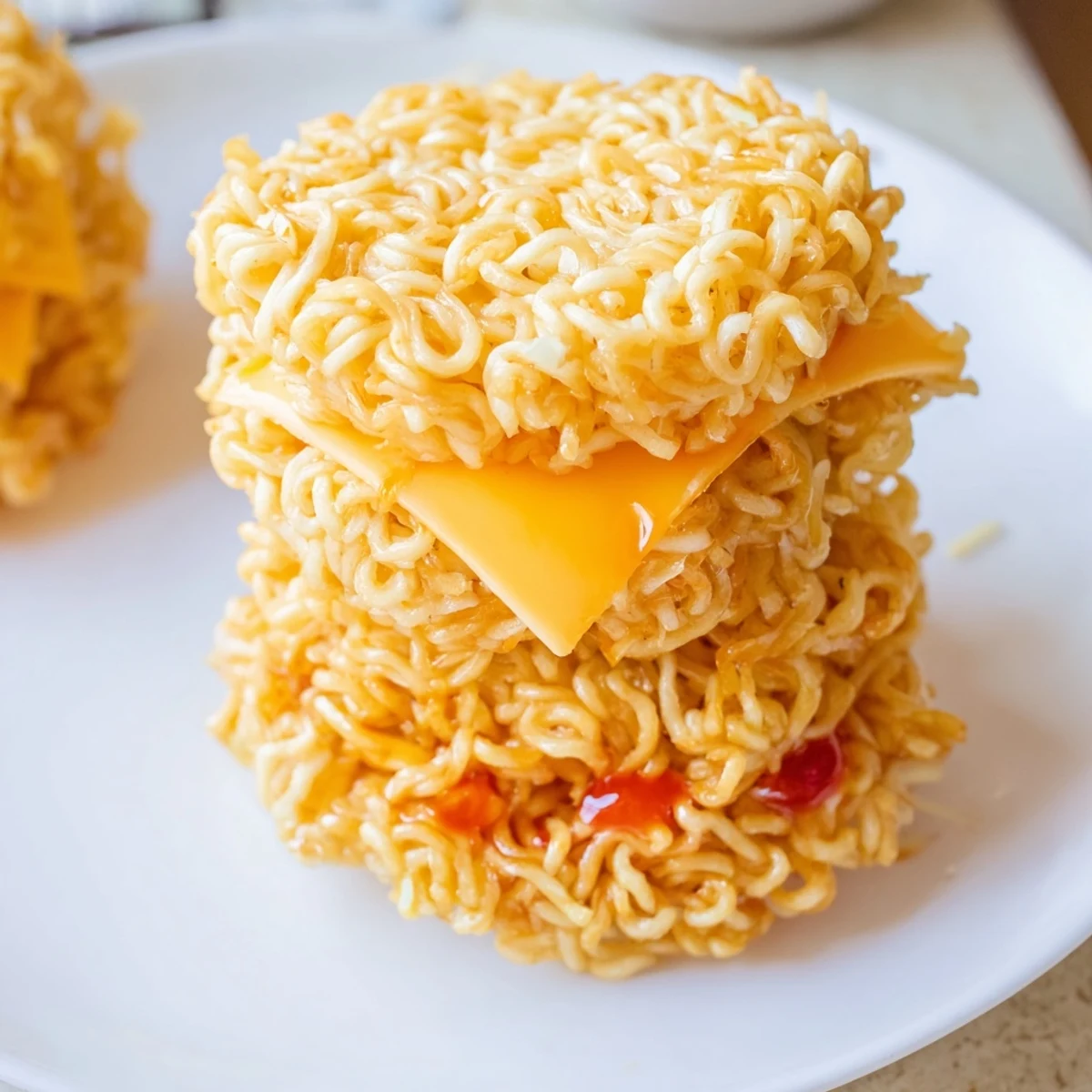 Golden brown Instant Ramen Grilled Cheese, oozing melted cheese, ready to be devoured for lunch.