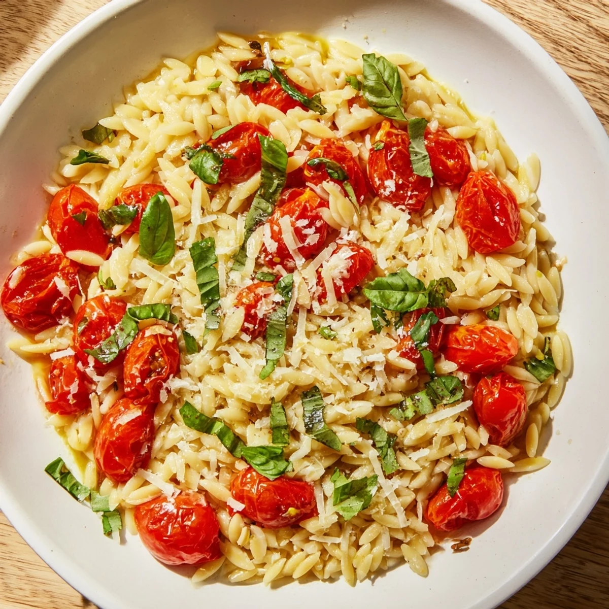 Creamy Orzo Tomato Parmesan with glistening tomatoes and fresh basil, ready to serve and enjoy.