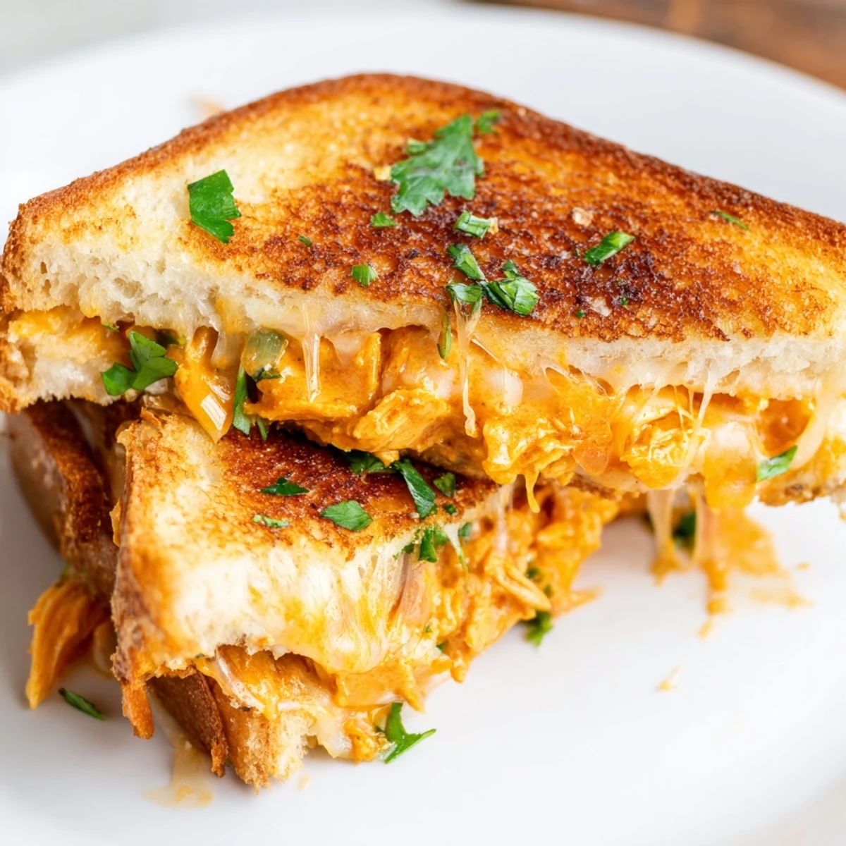 Close-up of a stacked Savory Butter Chicken Grilled Cheese, oozing cheese and perfectly grilled to a crisp.