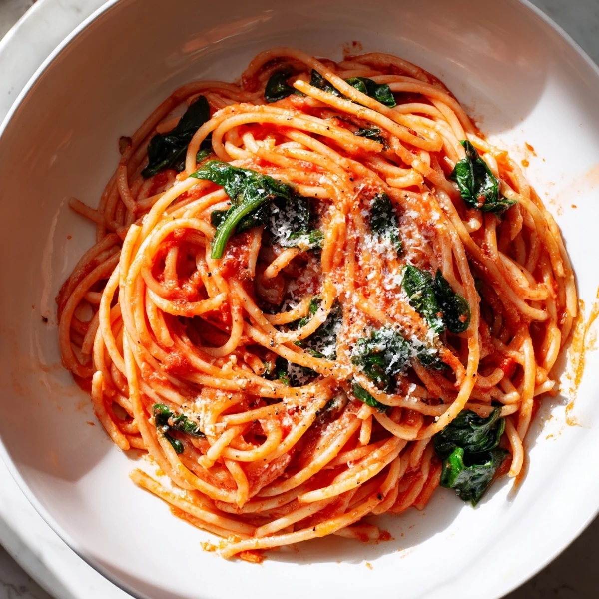 Bright red marinara coats the al dente pasta in this Quick Marinara Pasta with Spinach recipe, a hearty vegetarian dinner.