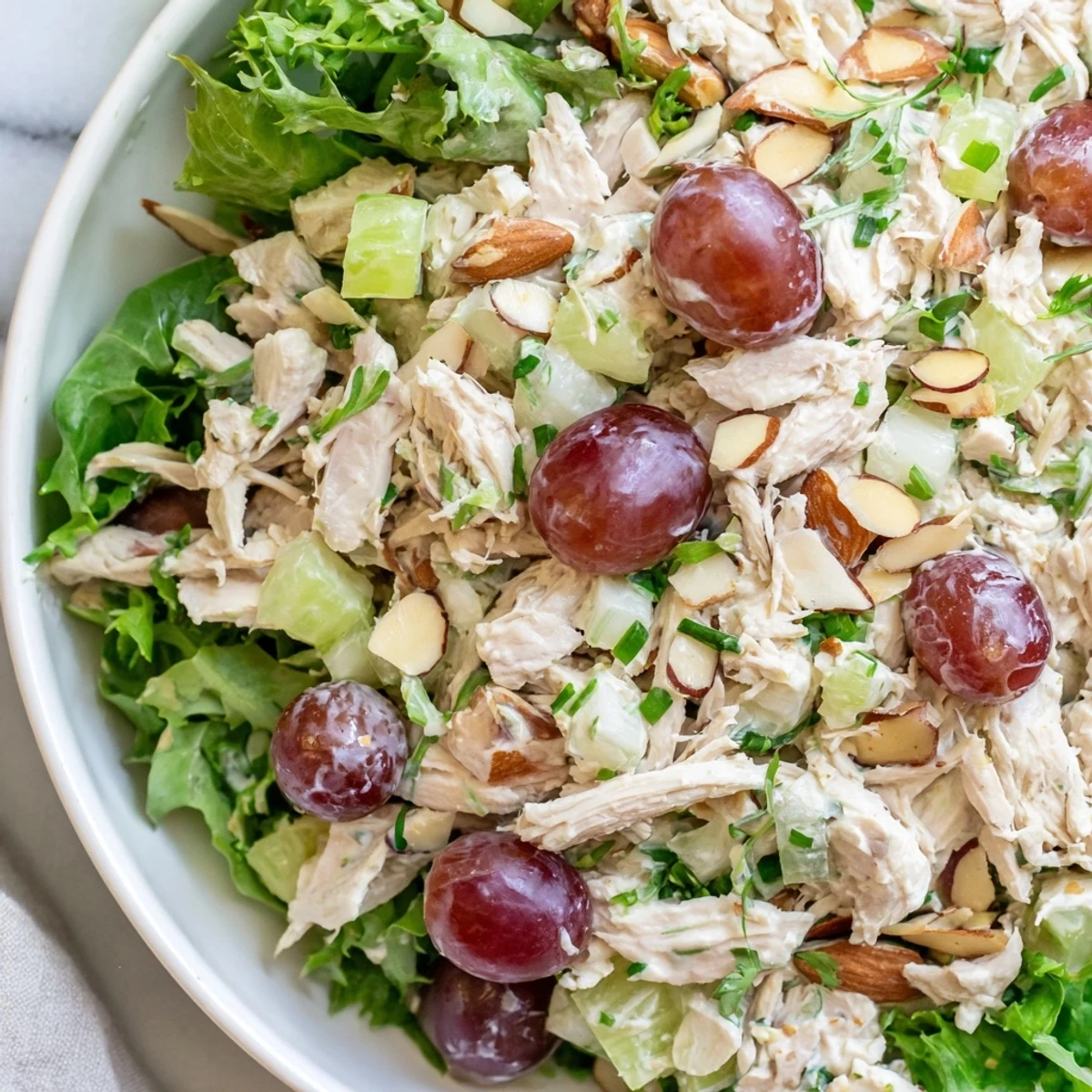 A close-up view of the delicious Crispy Chicken Salad, packed with tender chicken and crunchy celery.