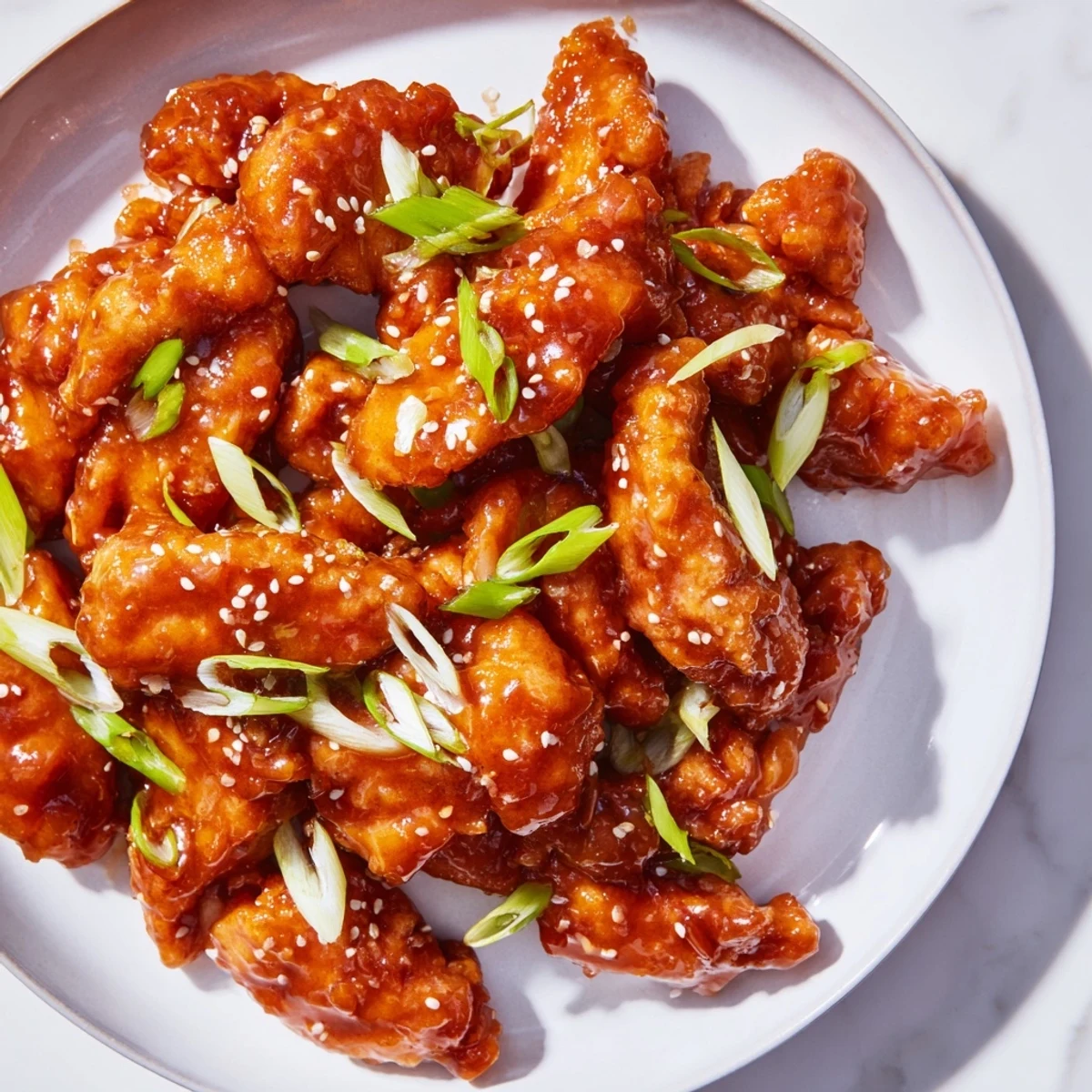 Skillet-seared sweet and spicy Sriracha Honey Chicken, glistening with a vibrant and flavorful glaze.