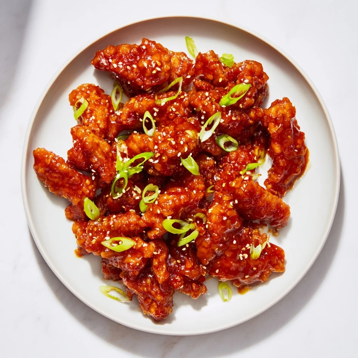 Close-up of golden brown Sriracha Honey Chicken, topped with fresh green onions and sesame seeds.