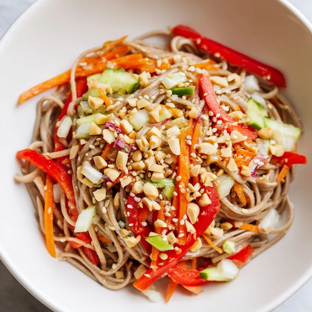 Chilled Cold Noodle Salad: Colorful noodles and crisp veggies coated in sesame-ginger dressing, ready to eat.