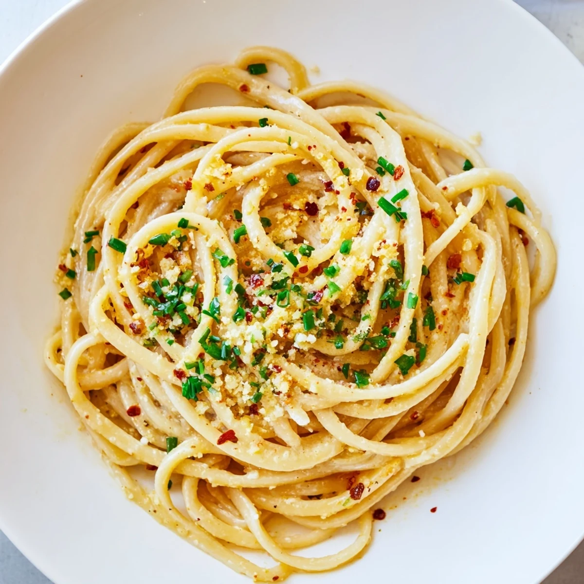 Golden strands of Miso Butter Pasta glistening with a creamy, savory miso butter sauce, ready to serve.