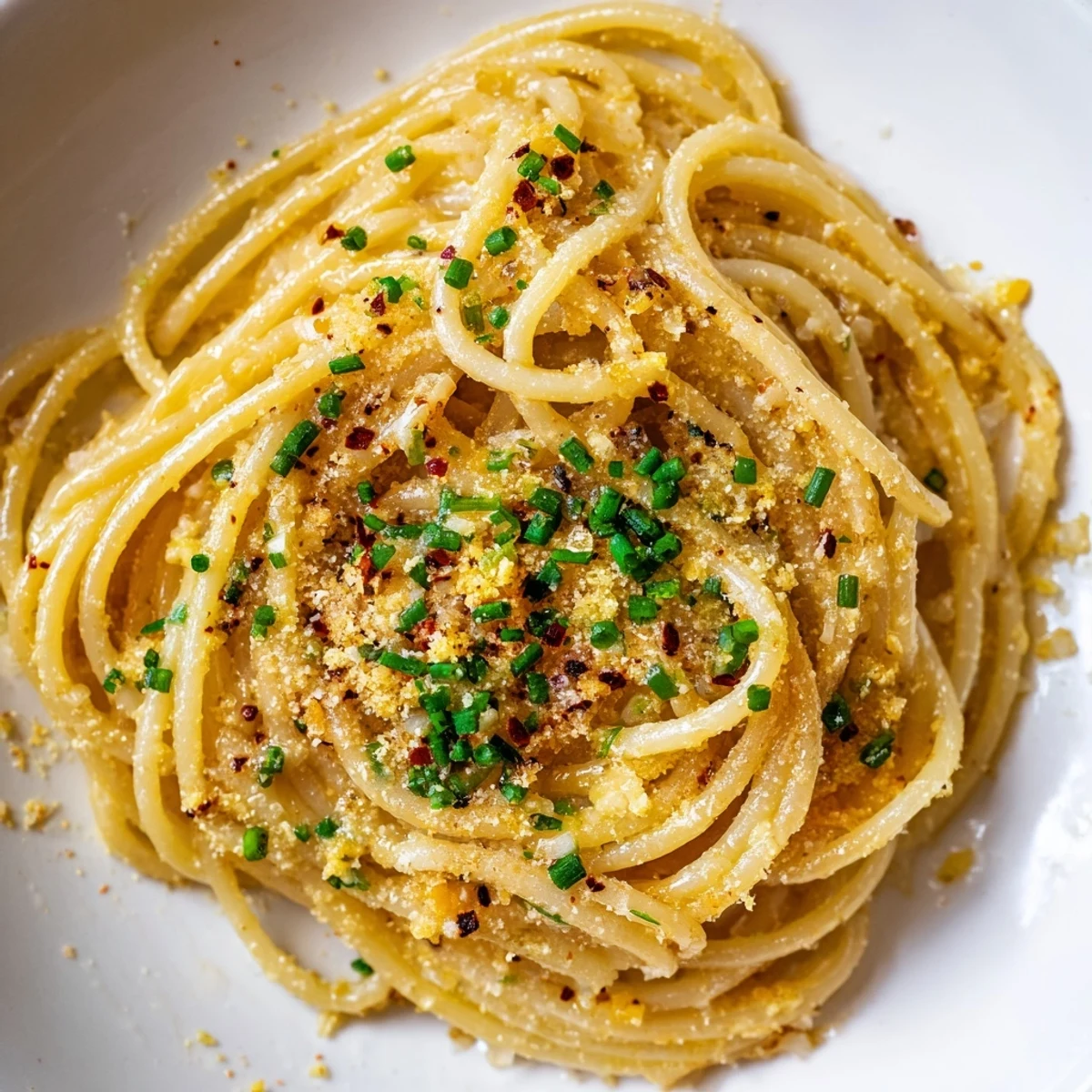 A close-up of creamy Miso Butter Pasta, showing garlic and Parmesan cheese; a delicious fusion meal.
