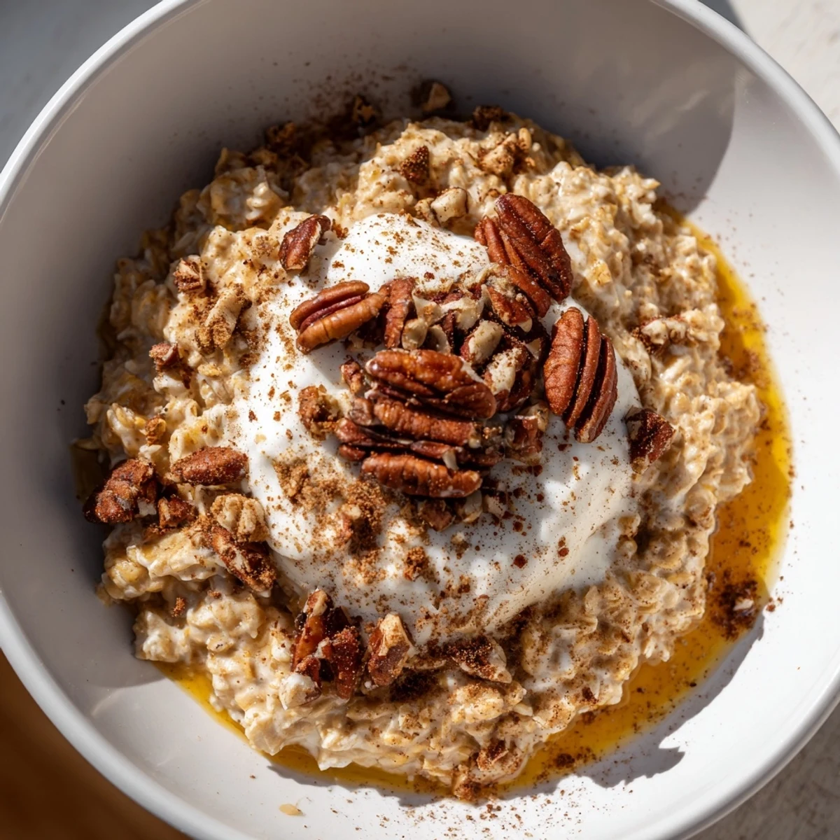 Steaming bowl of Pumpkin Spice Latte Oats, topped with whipped cream and cinnamon.