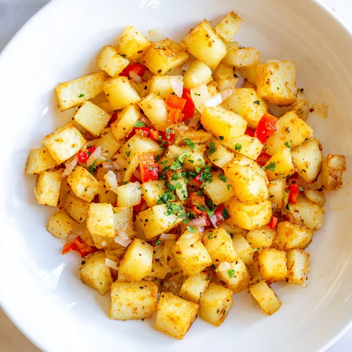 A close-up of perfectly seasoned air fryer breakfast potatoes, showing the tender interiors and crispy edges.