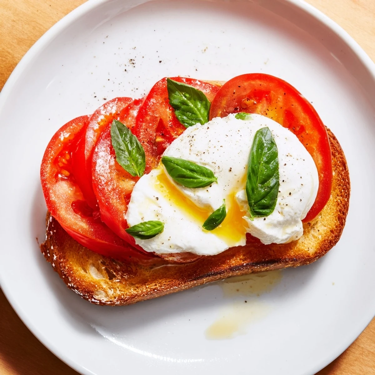 Golden, toasted sourdough holds fresh Tomato Burrata Toast, bursting with vibrant red tomatoes and creamy cheese.