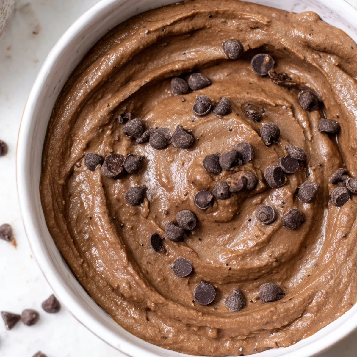 A bowl of creamy chocolate hummus, perfect for dipping fresh strawberries and apples.