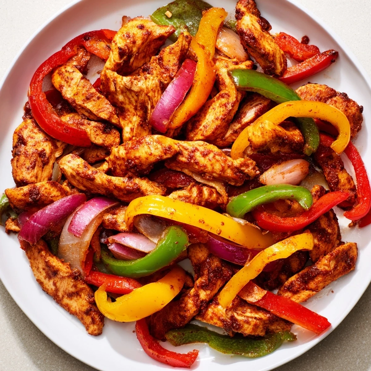 Chicken Fajita Sheet Pan with sizzling chicken and colorful peppers, ready to be wrapped in a warm tortilla.