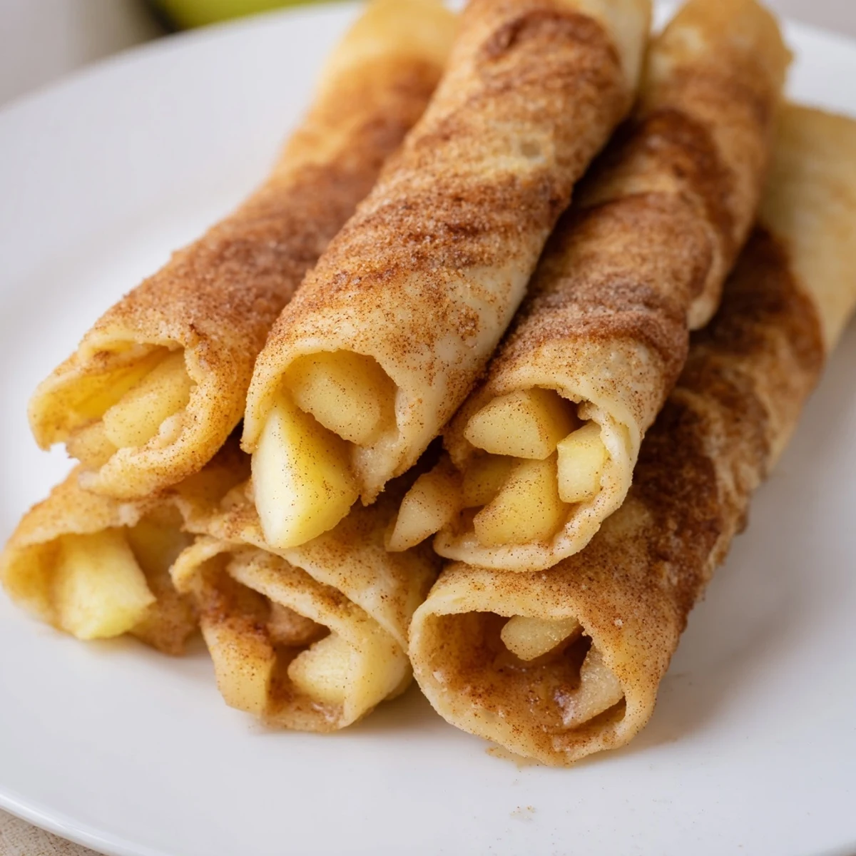 Close-up of baked Apple Pie Roll-Ups with a glistening cinnamon-sugar crust, ready to serve warm.