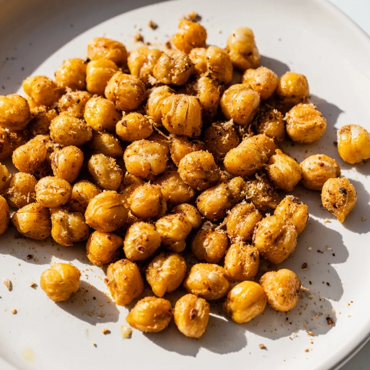 A close-up of perfectly roasted crispy chickpea snack, seasoned with paprika and cumin for bold taste.